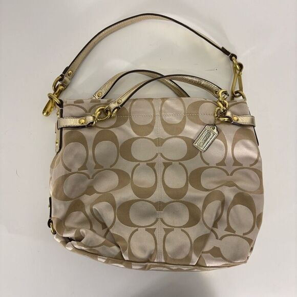 Coach Purse Medium Beige Monogram Sateen Gold Leather Brooke Shoulder Bag - Picture 1 of 13